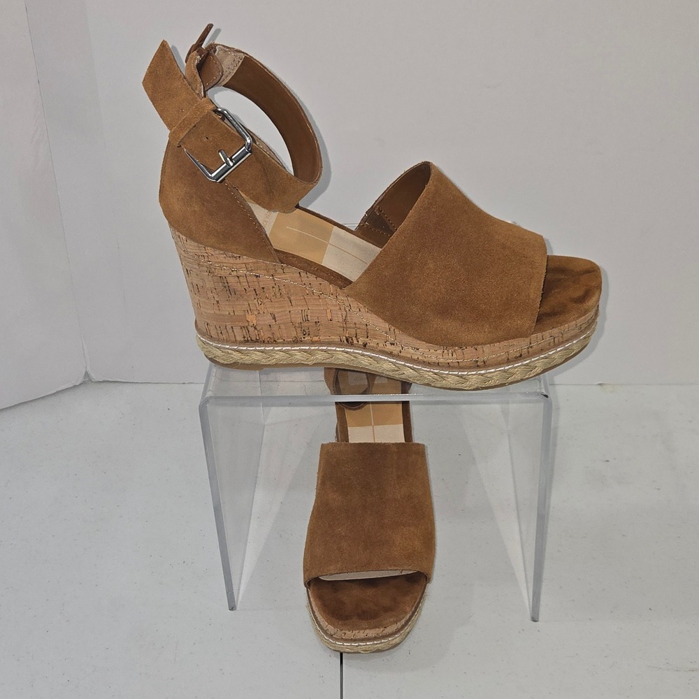 Dolce Vita Motto leather Wedge Sandals Cognac Brown Cork Platform Heels Women 10